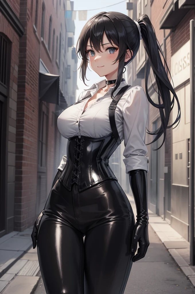  masterpiece ,  the best quality, high resolution, beautiful detailed eyes, extremely detailed face, Detailed CG, 1 girl; standing,  big breasts shirt,  view from the front,  tender expression , draw smile,  black hair short ponytail, brown eyes, He wears black headphones , choker:1.6, (( white buttoned shirt )), (black leather corset), ( black gloves), ( shiny black leather pants), Gothic alley ,  city gothic style background, night, fog