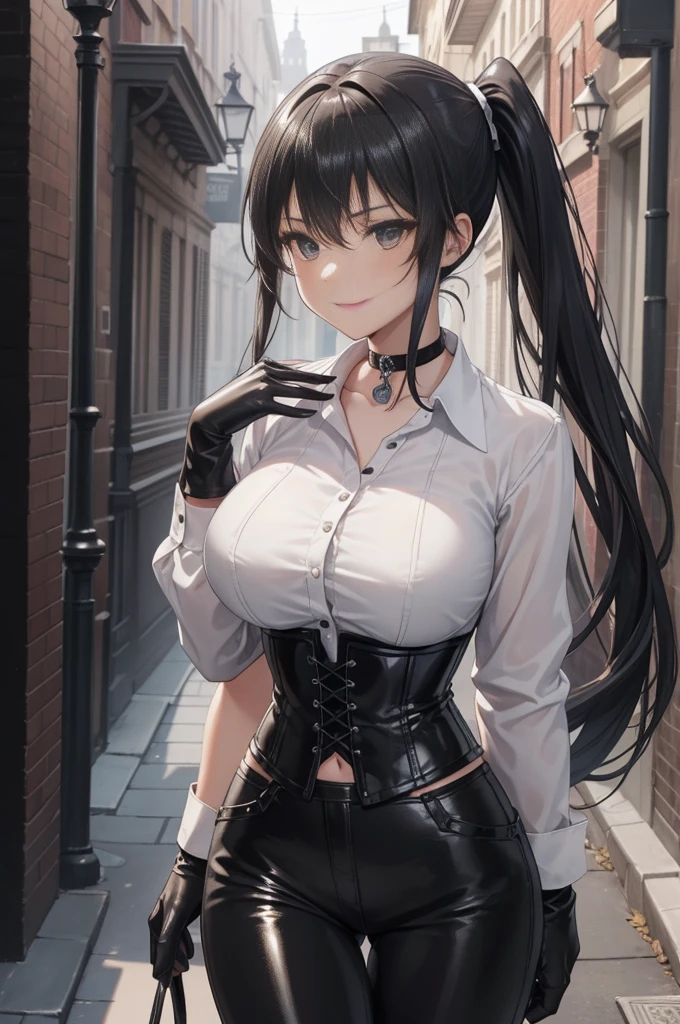  masterpiece ,  the best quality, high resolution, beautiful detailed eyes, extremely detailed face, Detailed CG, 1 girl; standing,  big breasts shirt,  view from the front,  tender expression , draw smile,  black hair short ponytail, brown eyes, He wears black headphones , choker:1.6, (( white buttoned shirt )), (black leather corset), ( black gloves), ( shiny black leather pants), Gothic alley ,  city gothic style background, night, fog