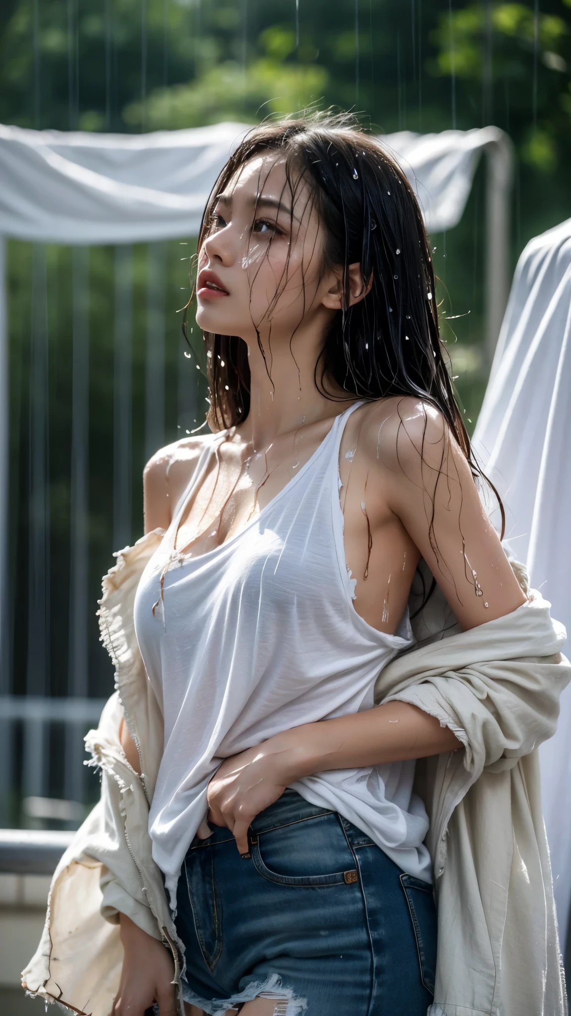 Best picture quality, masterpiece, ultra high resolution, (fidelity:1.4), photo, 1 beautiful woman, wet white shirt, shorts, cinematic, torn clothes, wet clothes, bare shoulders, real rain, wet hair,..