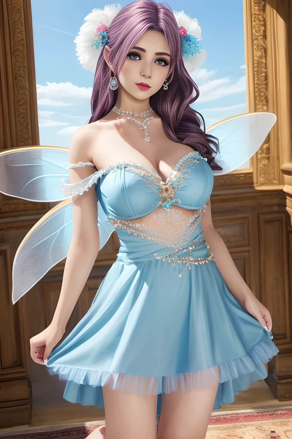 (1girl:1.5) ,wearing a dreamy light blue dress, which is decorated with soft feathers and tassels, exuding a fairy-like beauty. The upper part of the dress is a tube top design, highlighting her elegant shoulder and neck lines. The embroidery and jewelry decorations on the chest add a sense of luxury to the overall look, while focusing the attention on the details of the dress. The hem extends from the knees with light tulle, making the skirt layered and flowing like clouds, and the overall look has a light and flowing feeling., ,huge breasts,(best quality,8k,highres,masterpiece:1.2),ultra-detailed,(realistic,photorealistic,photo-realistic:1.37),studio lighting,ultra-fine painting,sharp focus,physically-based rendering,extreme detail description,professional,vivid colors,elise