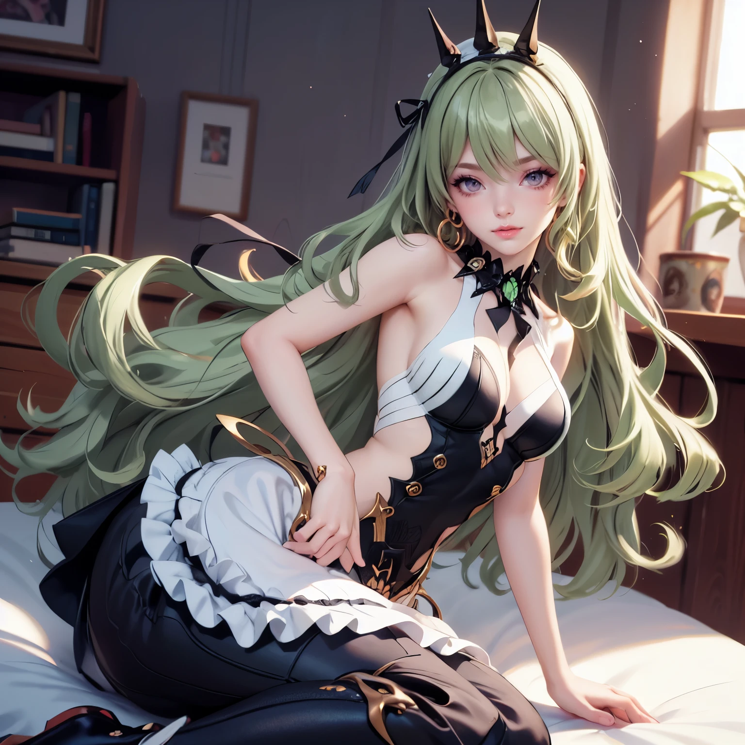 Mobius_(honkai impact), 1girl, dress, jewelry, glow hair, flowing hair, ahoge, armpits, maid dress, maid costume, maid apron, Cute face, Very fine clean face, solo, Top quality, Big eyes,Straight Hair, green hair, Crimson Eye, Subtle light, Natural light,Soft lighting,Light from directly behind, Cute pose, sitting on the bed, Showing the whole body, Front view, maid dress, Beautiful Eyes, Plump and glossy lips, maid dress with too many frills, black maid dress, white laces, white Short skirt, Drape clothes, green gem, frills, luxury details, gold jewelry, more details, best quality, Big sparkling eyes, blushing, sparkle, solo, centered girl, cowboy shot, glowing hair, solo, flowing hair, floating hair, ornament hair, stomach, strapless, streaked hair, thigh gap, thighs, tube top, very long hair