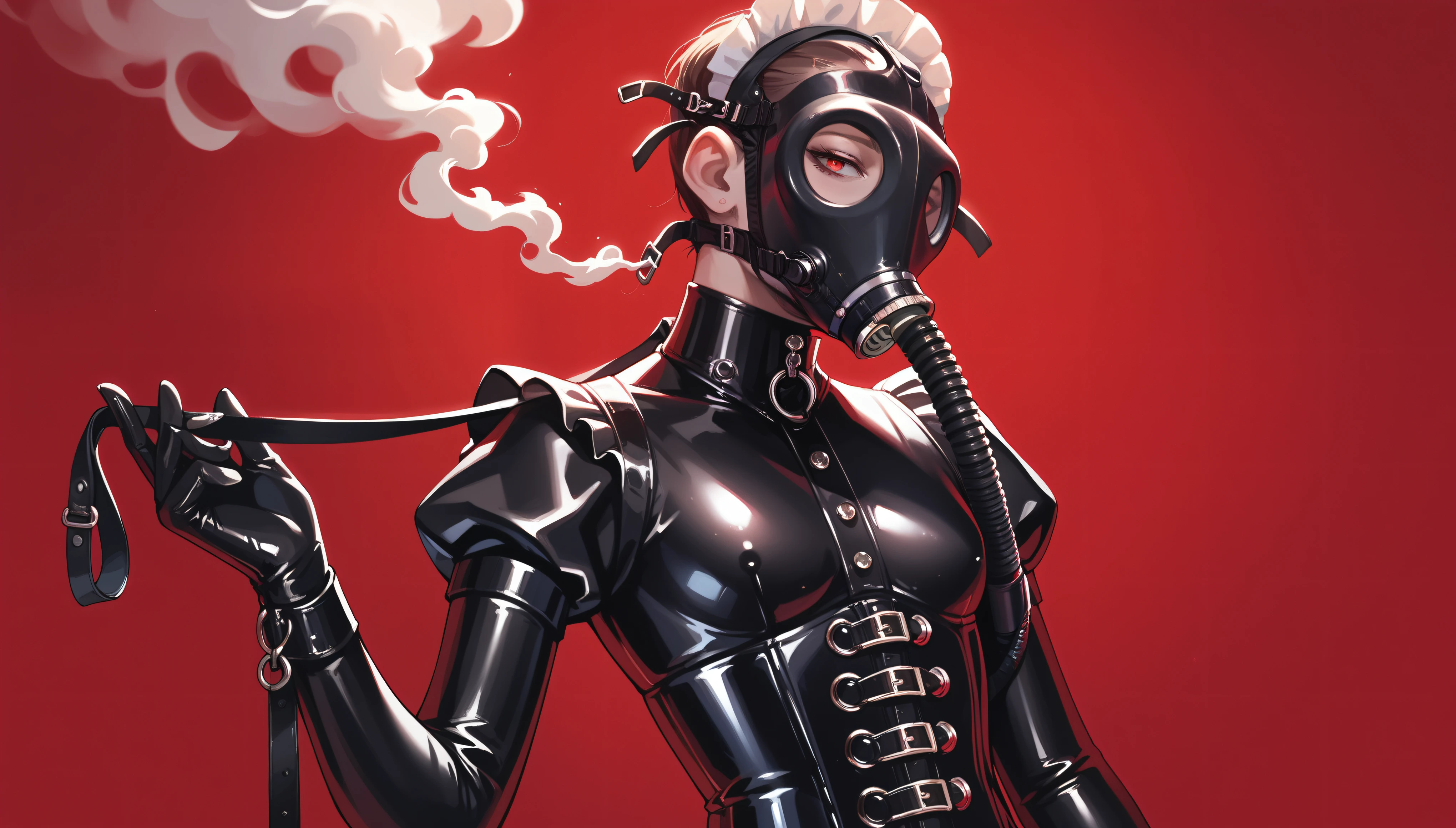 Latex sexy maid. The gas mask, is a very thin dominant Model 4 with small breasts. Black latex suit, black corset, latex gloves. A sexy pose. He stands tall. Red background. Red thick smoke in the background.