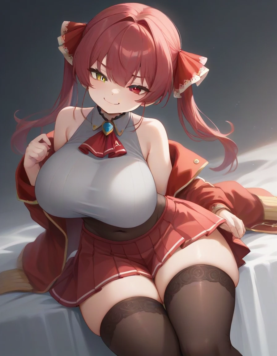 marine houshou, red hair, twintails, heterochromia, red eyes, yellow eyes, hair ribbon,large breasts ,bare shoulders, brown leotard, brown thighhighs, covered navel, cropped jacket, grey shirt, jacket, leotard, leotard under clothes, pleated skirt, red jacket, red ribbon, red skirt, ribbon, shirt, skirt, sleeveless, sleeveless jacket, sleeveless shirt, thighhighs,butt,big ass,caderas anchas,massive breasts,shortstack,(smug expression: 1.3)