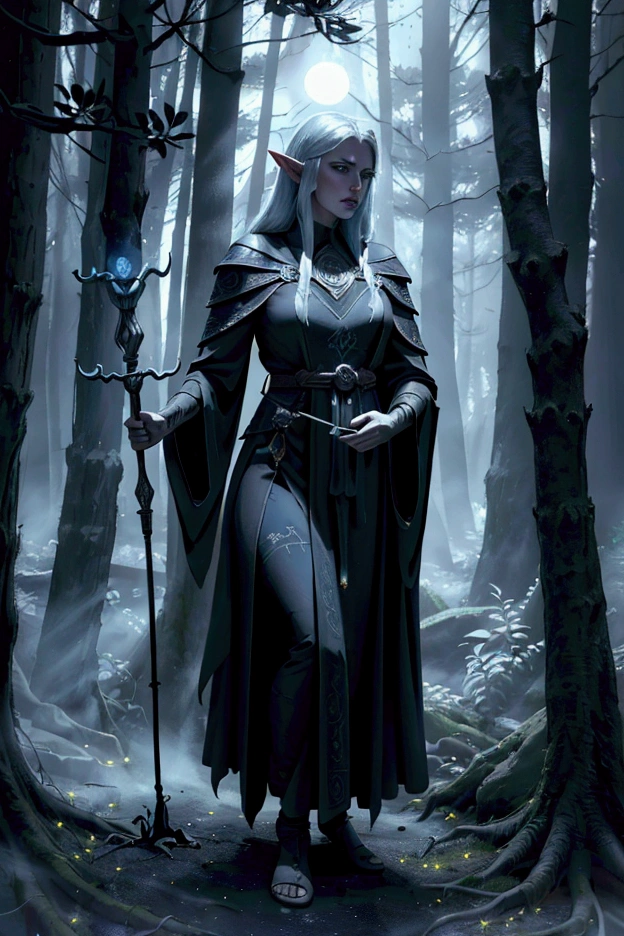 a D&D NPC, half-elf wizard, wearing a long dark robe, with intricate arcane symbols embroidered on the sleeves, holding a glowing staff, standing in a dimly lit forest clearing, surrounded by ancient ruins, moonlight filtering through the trees, ethereal blue mist swirling around, complex magical runes carved into the ground, (best quality,4k,8k,highres,masterpiece:1.2),ultra-detailed,(realistic,photorealistic,photo-realistic:1.37),fantasy concept art,dark and moody atmosphere,dramatic lighting,cinematic composition