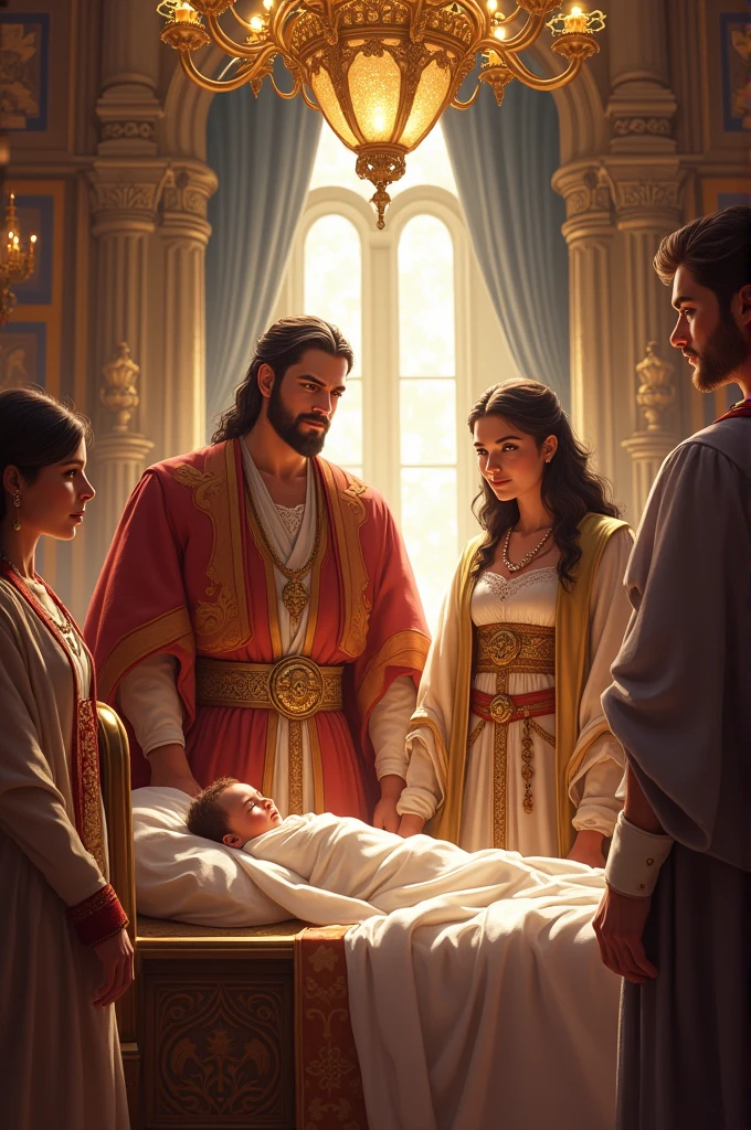 Create a scene that shows the birth of a child, with Elysia next to a crib and Eamon looking proudly at the newborn, num estilo medieval --auto --s2
