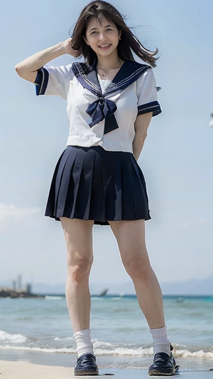  japanese mature,62 years old, white skin,(plump body,Large Breasts, plump thighs:1.5),( sailor suit, super short pleated skirt ,JK_style,short-sleeved JK_sailor,JK_tie,earrings, necklace ,Short socks, Loafers:1.2),(Standing on the seashore, take a picture of the whole body from toe to head,full body, full body portrait ,standing:1.2), Plain, light-colored background,looking at viewer,smile, surrealism, from below, Sony FE, 8k,(JMA, TI)