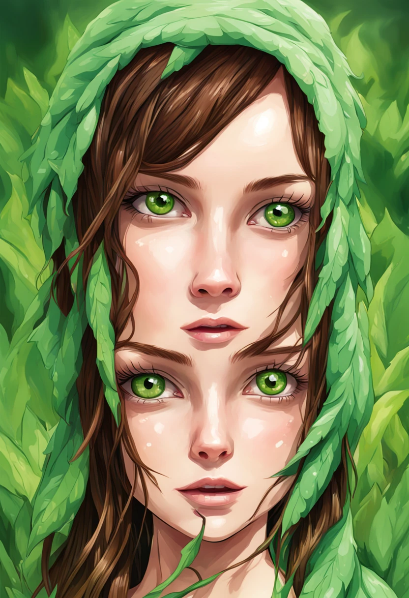 1girl, leave skin,  grass skin, green skin, clear skin, detailed eyes,