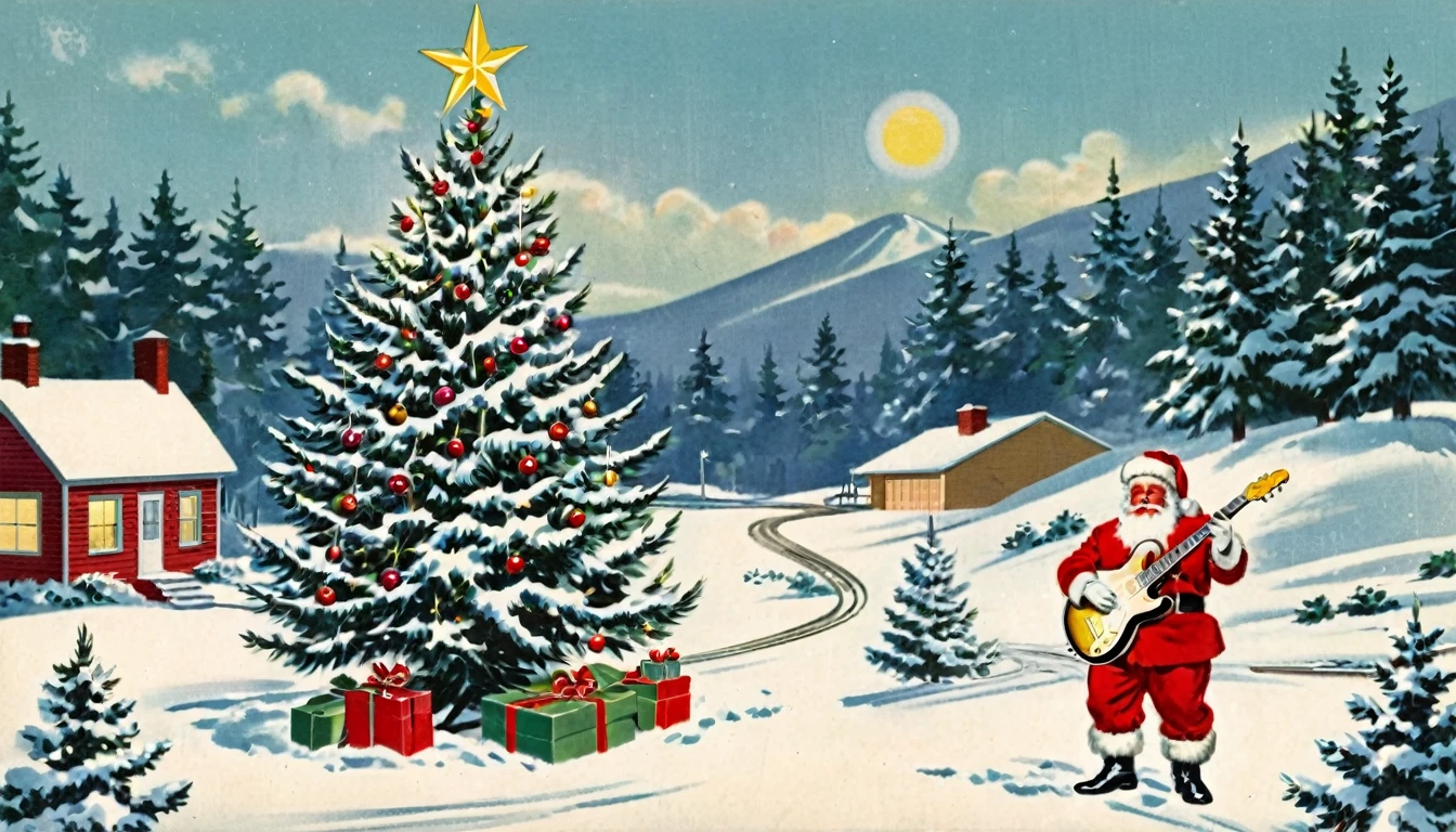      Christmas Tree ,1950s,America,Postcard,Outside is a snowy landscape,Santa is playing an electric guitar.