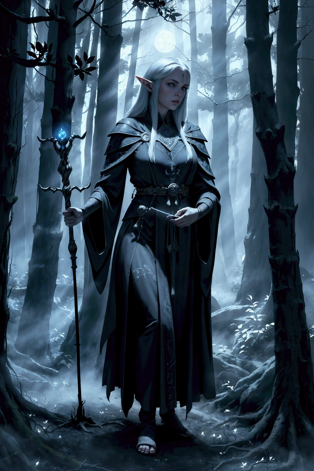 a D&D NPC, half-elf wizard, wearing a long dark robe, with intricate arcane symbols embroidered on the sleeves, holding a glowing staff, standing in a dimly lit forest clearing, surrounded by ancient ruins, moonlight filtering through the trees, ethereal blue mist swirling around, complex magical runes carved into the ground, (best quality,4k,8k,highres,masterpiece:1.2),ultra-detailed,(realistic,photorealistic,photo-realistic:1.37),fantasy concept art,dark and moody atmosphere,dramatic lighting,cinematic composition