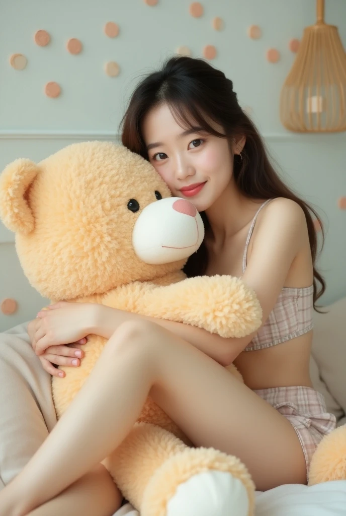 20 year old girl, beautiful girl,big breast, girl sitting on a bed, she holding the giant teddy Bear,white shirt pant night dress, windows side bed,winter morning, morning time, sitting on a bed, she expressing joy, yawning, hyper realistic, high revolution photo, 8k, 16k