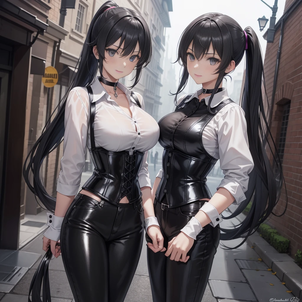  masterpiece ,  the best quality, high resolution,  beautiful detailed eyes , extremely detailed face, Detailed CG, 1 girl; standing,  big breasts shirt,  view from the front,  tender expression , draw smile,  black hair short ponytail, brown eyes, He wears black headphones , choker:1.6, (( white buttoned shirt )), (black leather corset), ( black gloves), ( shiny black leather pants), Gothic alley ,  city gothic style background, night, fog