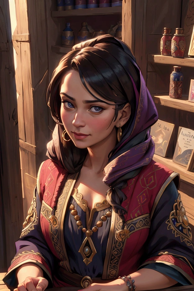 high quality detailed portrait of a merchant with colorful garments, intricate detailed shop background, closeup portrait, suspicious look, subtle smirk on face, realistic,photorealistic,photo-realistic:1.37,best quality,4k,8k,highres,masterpiece:1.2,ultra-detailed,vivid colors,dramatic lighting,cinematic composition