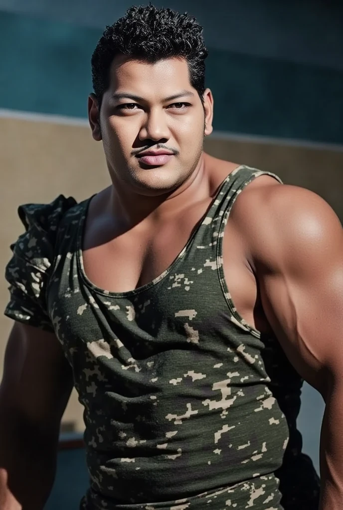 Asian guy, shirtless, hairy, muscle chub, trunks, 39-years-old, a short beard, nude, military uniform, military cap, exposes the penis, complete penis, lust face men, park sharp eyes, dark minimart background, Full Frame, Professional Lighting