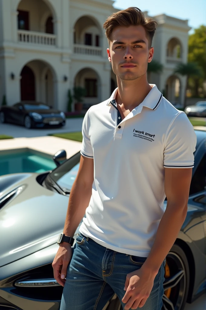 man in white t shirt in a race track with a classic car on the back