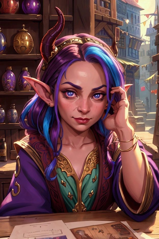 high quality detailed portrait of a tiefling merchant with colorful garments, intricate detailed shop background, closeup portrait, suspicious look, subtle smirk on face, realistic,photorealistic,photo-realistic:1.37,best quality,4k,8k,highres,masterpiece:1.2,ultra-detailed,vivid colors,dramatic lighting,cinematic composition