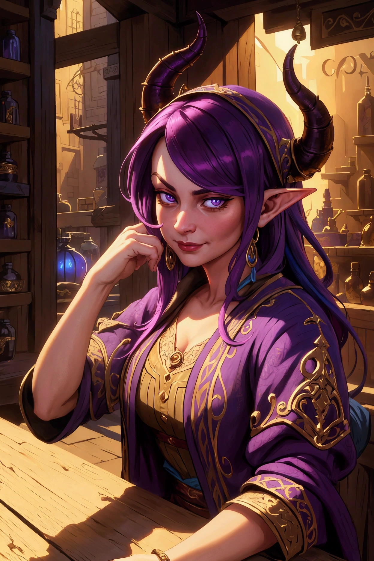 high quality detailed portrait of a tiefling merchant with colorful garments, intricate detailed shop background, closeup portrait, suspicious look, subtle smirk on face, realistic,photorealistic,photo-realistic:1.37,best quality,4k,8k,highres,masterpiece:1.2,ultra-detailed,vivid colors,dramatic lighting,cinematic composition