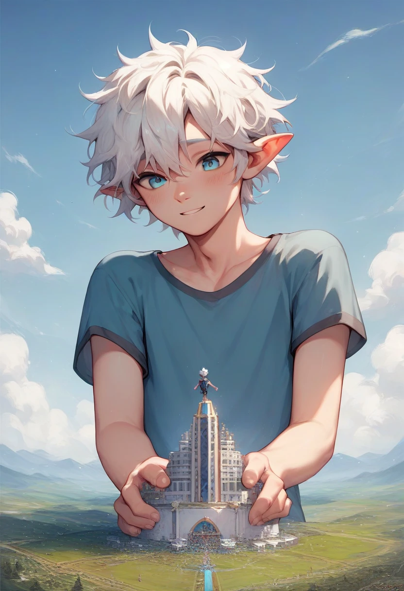 source_anime, Masterpiece, best quality, uncensored, BREAK, white hair, male, twink, femboy, solo, 1boy, medium hair, messy hair, blue eyes,  cute, giant, macro, pointy ears