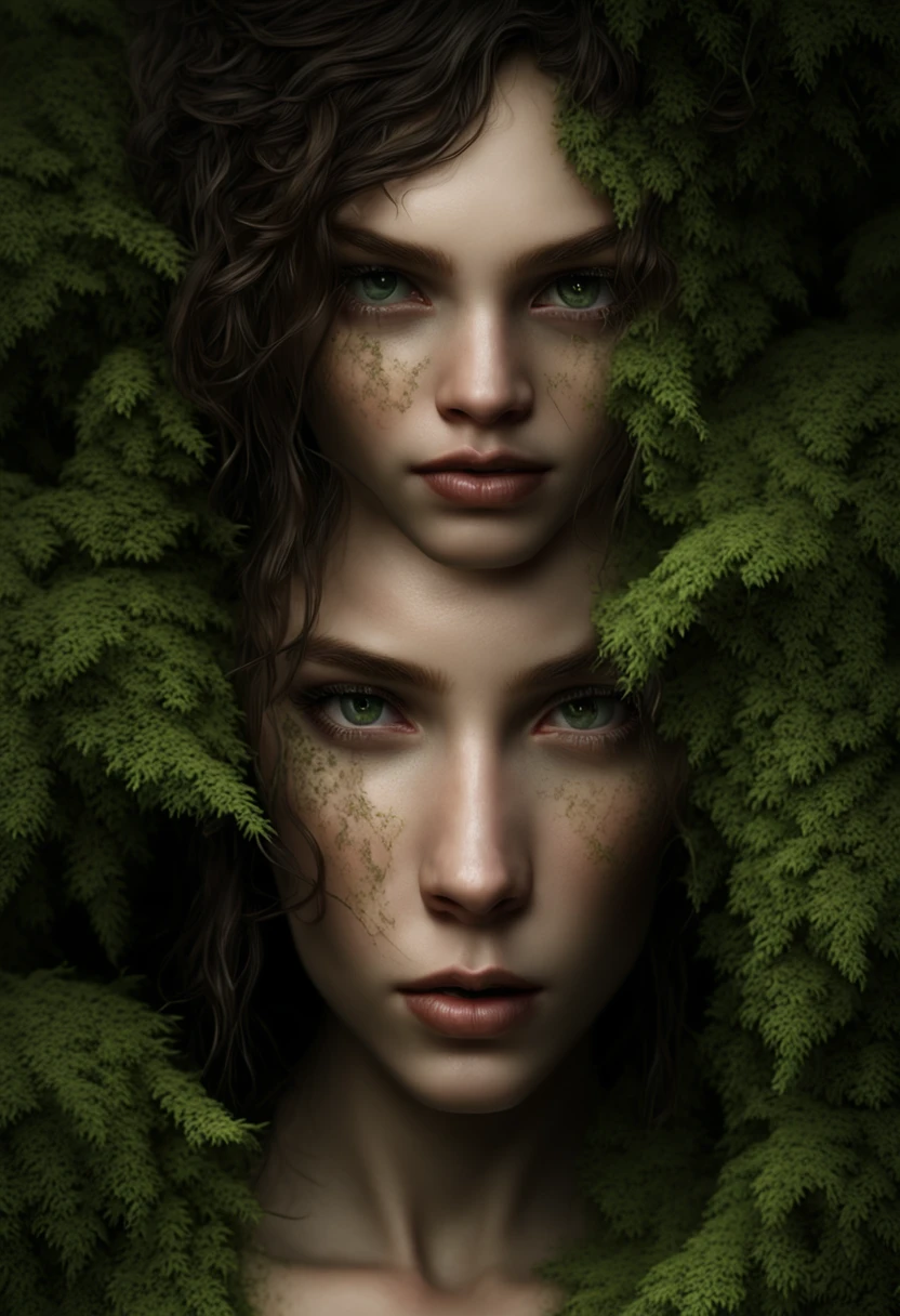 a girl with grass skin, beautiful detailed eyes, beautiful detailed lips, extremely detailed face and skin, long eyelashes, photorealistic, 8k, highly detailed, intricate, cinematic lighting, fantasy, ethereal, glowing, lush greenery, nature, woodland, mossy rocks, flowing dress, serene expression, whimsical, magical realism