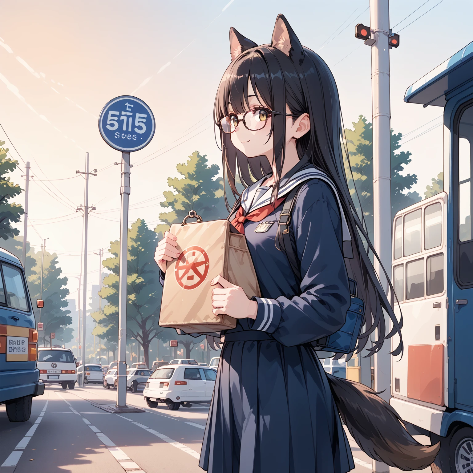 Black Hair, long hair,Glasses,Dog ears,Dog tail,Beastman. sailor suit,bus stop,Commuting