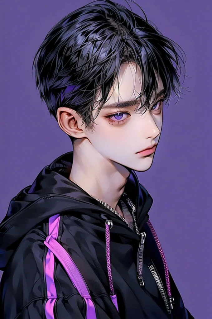 masterpiece, best quality, Detailed Eyes, high quaility, 1 male, male, 1 boy, gentle, soft, handsome, tall, black hair, purple eyes, have a broad shoulders, One person, a hadsome man, Korean man, cool man, undercut, ((짧은 머리)), skinny, ((simple backgroud)), ((be wearing a hoodie))