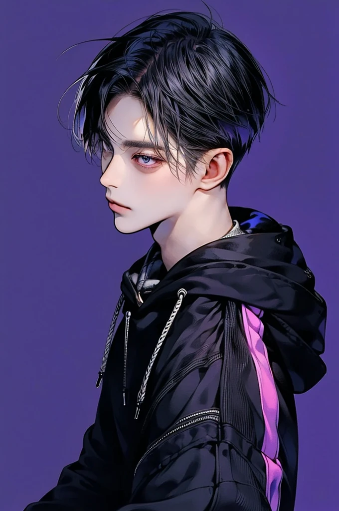 masterpiece, best quality, Detailed Eyes, high quaility, 1 male, male, 1 boy, gentle, soft, handsome, tall, black hair, purple eyes, have a broad shoulders, One person, a hadsome man, Korean man, cool man, undercut, ((짧은 머리)), skinny, ((simple backgroud)), ((be wearing a hoodie))