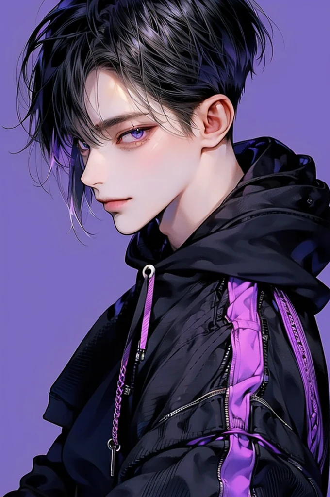 masterpiece, best quality, Detailed Eyes, high quaility, 1 male, male, 1 boy, gentle, soft, handsome, tall, black hair, purple eyes, have a broad shoulders, One person, a hadsome man, Korean man, cool man, undercut, ((짧은 머리)), skinny, ((simple backgroud)), ((be wearing a hoodie)), smile