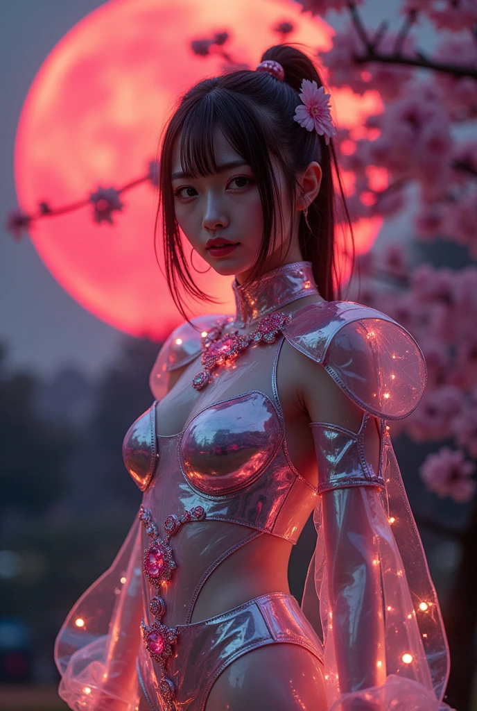 Highest quality, masterpiece, Ultra-high resolution, (Real: 1.4), Original photo, 1 girl, Black Hair, Glowing Skin, 1. Mechanical Girl, (超Real细节)), Portraiture, Global Illumination, Shadow, Octane Rendering, 8k,16K, Ultra Sharp, not a big deal, Bare skin is revealed through the cleavage, Metal, Intricate decorative details, More about Japan, Very intricate details, Real光线, CG Trends, Purple eyes, Glowing Eyes, Facecamea, Neon Details, Mechanical Limbs, Blood vessels connected to tubes, Mechanical vertebrae attached to the back, Mechanical fixation of the cervical spine, Sitting, Wires and cables connected to the head, Small LED Light,