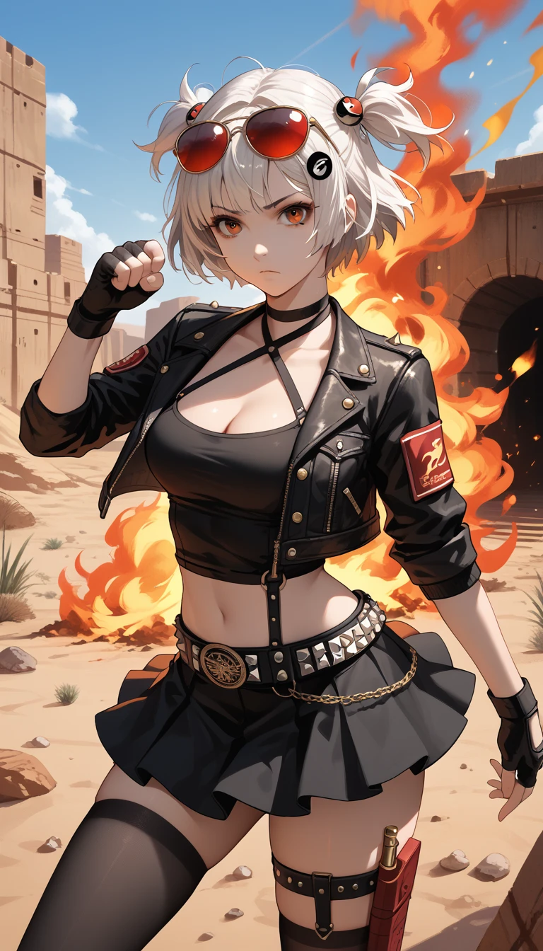  1girl,One,_ZZZ,  Short hair,  short double tails,  hair ornament ,  flamethrowers in hand, swamps behind , fire, fighting stance,  facing the viewer , very sexy, erotica,  leans forward,  sunglasses , on the head , desert area,  eyes against the background of an abandoned gas station, White,  Short hair,  short double tails,  hair ornament  ,  sunglasses , on the head  ,  red halterneck , black top pipe ,  short top ,  CLEAVAGE , life , black jacket,  fingerless gloves, studded belt , black skirt,  red hip straps, black stockings,score_9, score_8_up, score_7_up, score_6_up, score_5_up, score_4_up,