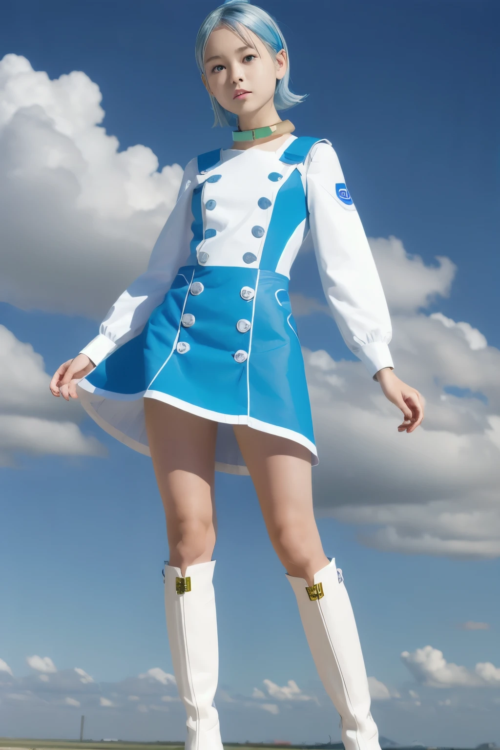 (  super high resolution )、eureka、 girl、 purple eyes、 very short light blue hair 、 choker、 hair clip that invites you with your hand、White and blue dress、 Long Sleeve 、 white knee-length knee-high boots、Blue toe of boots 、 full length view、Standing with dignity、A modern portrait of Darna、Dinah Drake、 Miniskirt、Baby Face、Clear sky 、 expand your hands and feet and dive from an aircraft、It catches the wind all over the body and dances in the sky like a kite、 skirt lifts in the wind and white shorts peek out、
