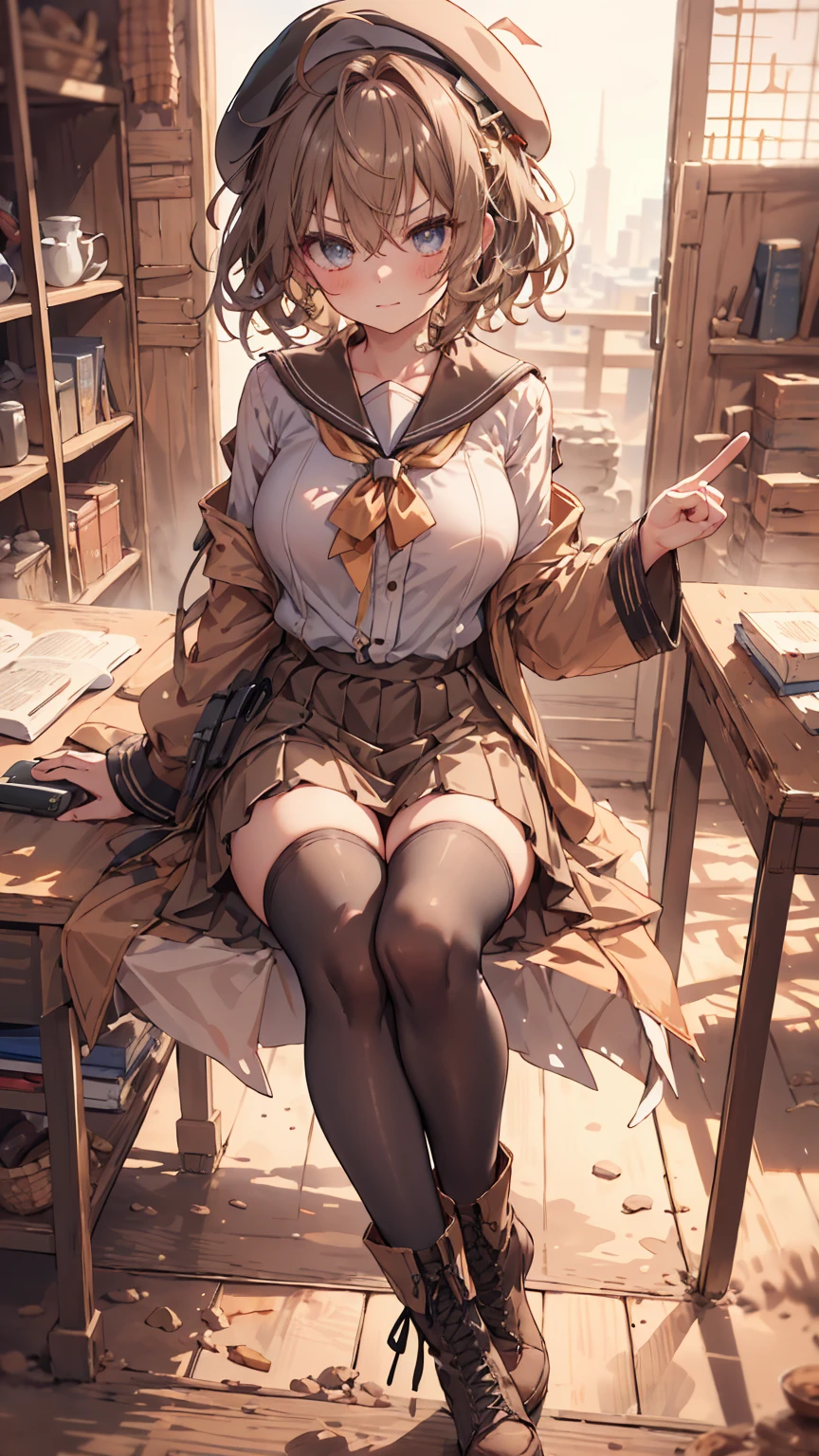 masterpiece, 1 girl, sparrow, a brown haired girl, wearing a sailor clothes, curly short hair, messy hair, slim body, he close her left eye, shirt ornament, ruby eyes, ahoge, baby face, beautiful eyes, boots, droopy eyes, her age is 19, short hair, curly hair, MongolPunkAI, view from right down, lend a hand to you, he very close to you, smug smile, rainbow_one, brown tunic shirt, brown pleated skirt, beret, priestess, high quality, 8k, student, big breasts, beautiful breasts, white stocking, long sleeves, shsparkle, angry face