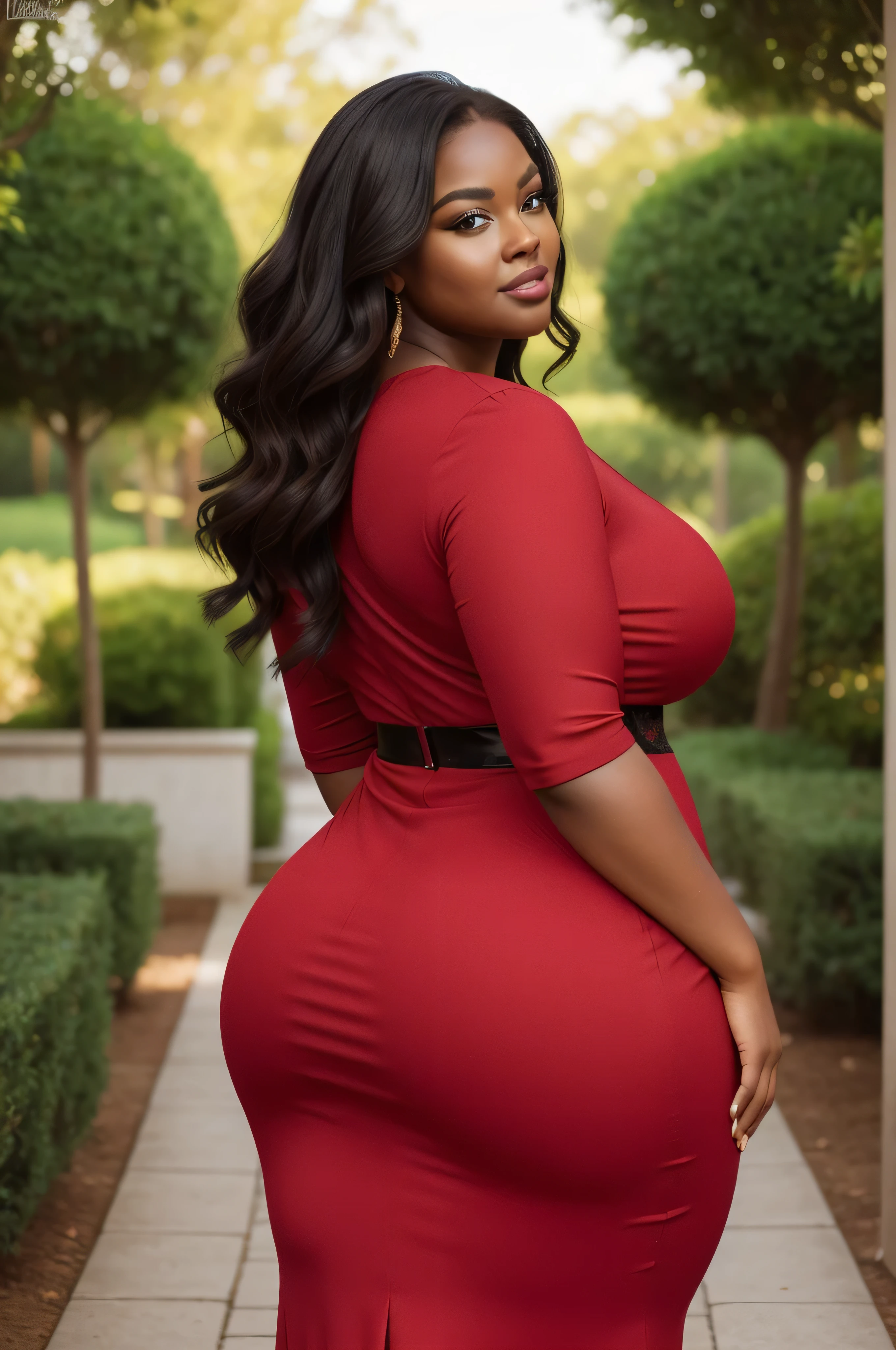 curvy plus size bbw black woman, full body photo, (((she has her back to the camera))), extremely curvy body, (((wearing a red dress))), showing the ass, beautiful detailed eyes, beautiful detailed lips, extremely detailed eyes and face, long eyelashes, realistic, photorealistic, photo-realistic:1.37, 8k, ultra-detailed, masterpiece:1.2, vibrant colors, warm lighting, natural environment, lush, detailed background, realistic skin texture