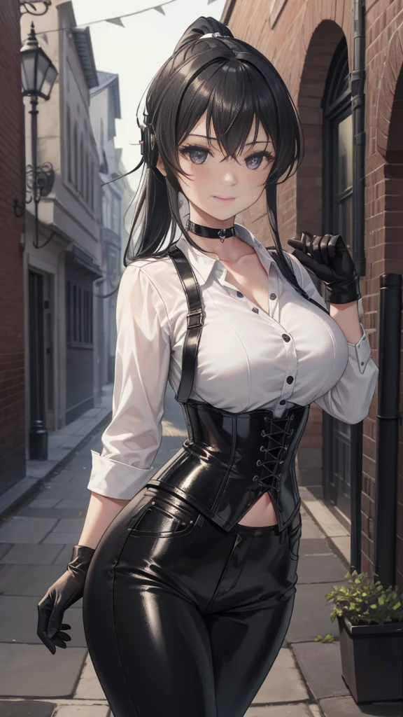  masterpiece ,  the best quality, high resolution, beautiful detailed eyes, extremely detailed face, Detailed CG, 1 girl; standing,  big breasts shirt,  seen from above ,  tender expression , draw smile,  black hair short ponytail, brown eyes, He wears black headphones , choker:1.6, (( white buttoned shirt )), (black leather corset), ( black gloves), ( shiny black leather pants), Gothic alley ,  city gothic style background, night, fog