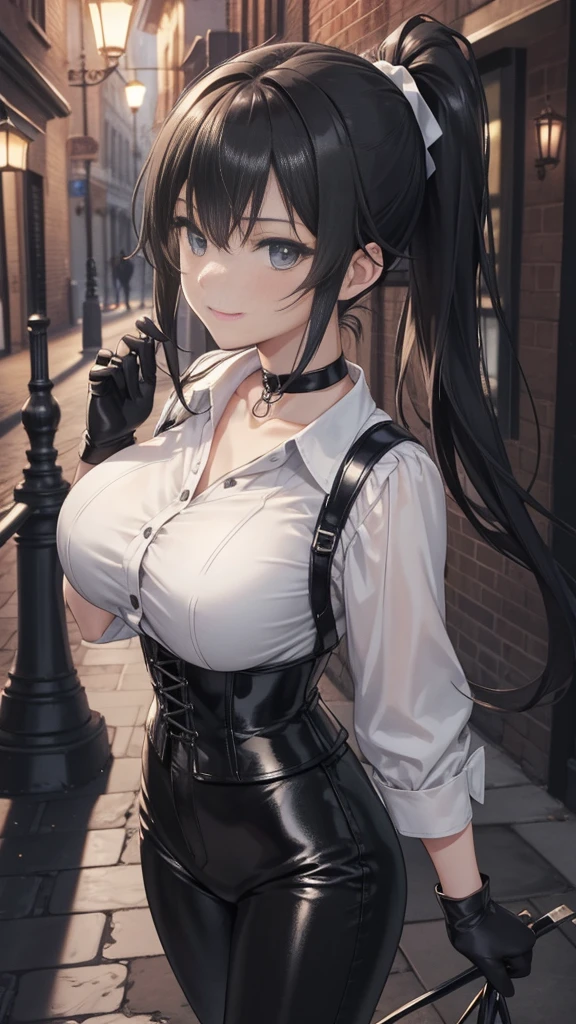  masterpiece ,  the best quality, high resolution, beautiful detailed eyes, extremely detailed face, Detailed CG, 1 girl; standing,  big breasts shirt,  seen from above ,  tender expression , draw smile,  black hair short ponytail, brown eyes, He wears black headphones , choker:1.6, (( white buttoned shirt )), (black leather corset), ( black gloves), ( shiny black leather pants), Gothic alley ,  city gothic style background, night, fog