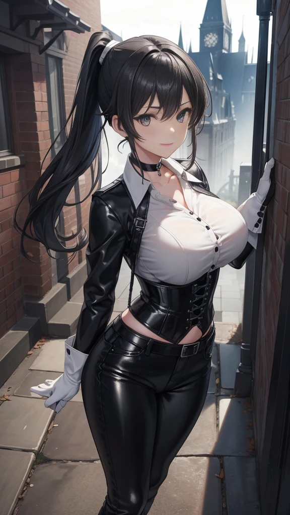  masterpiece ,  the best quality, high resolution, beautiful detailed eyes, extremely detailed face, Detailed CG, 1 girl; standing,  big breasts shirt,  seen from above ,  tender expression , draw smile,  black hair short ponytail, brown eyes, He wears black headphones , choker:1.6, (( white buttoned shirt )), (black leather corset), ( black gloves), ( shiny black leather pants), Gothic alley ,  city gothic style background, night, fog