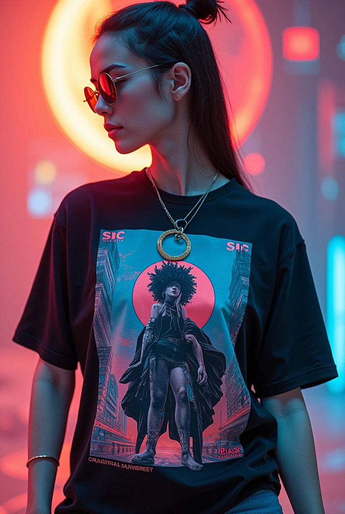 Cyberpunk effect beautiful Asian woman wearing a t-shirt with full tattoos on her hands 