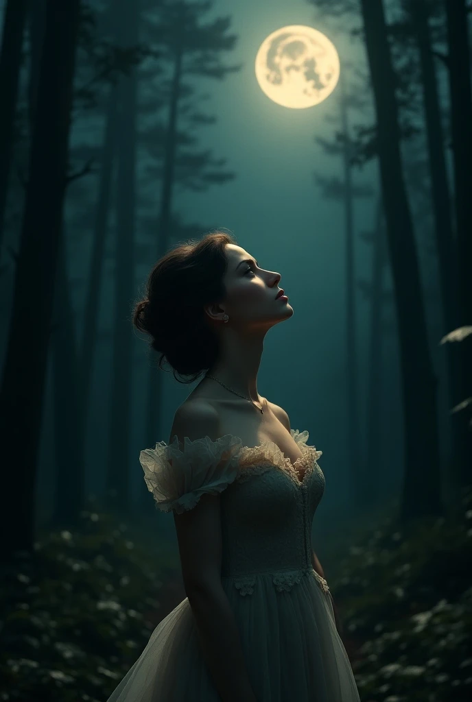 a beautiful woman in a retro dress looking up at the moon, moonlight illuminating her face, in a dark forest at night, moonlight, impressionist, fine art, sophisticated design, advanced lighting techniques, photorealistic 8K quality