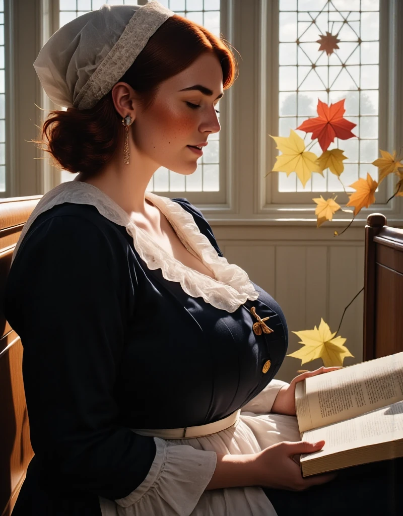 Photorealistic, cinematic style, a picture of a beautiful British woman in a puritan woman's outfit. (a pilgrim woman outfit). She has black dress buttoned up, white puritan coif on her head, and humble white capelet on her shoulders.  white apron. She's sitting in the pew of a white pioneer church. Holding hymnal and singing. She's got brown eyes, downturned eye shape, light skin and freckles, reddish-brown hair. perfect hand,HDR, intricate details. Outside is Autumn. Through the church window visible Yellow and red maples, crisp blue sky. 
