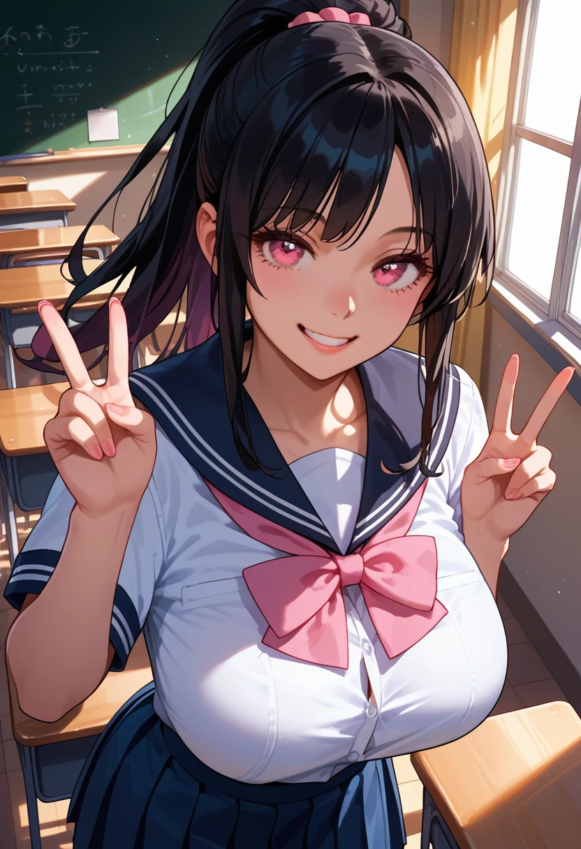 score_9, score_8_up, score_7_up, score_6_up, score_5_up, score_4_up, warm lighting, detailed eyes, high school uniform, ponytail black hair, pink eyes, smile, huge breasts, angelic, innocent, classroom, peace sign, from above