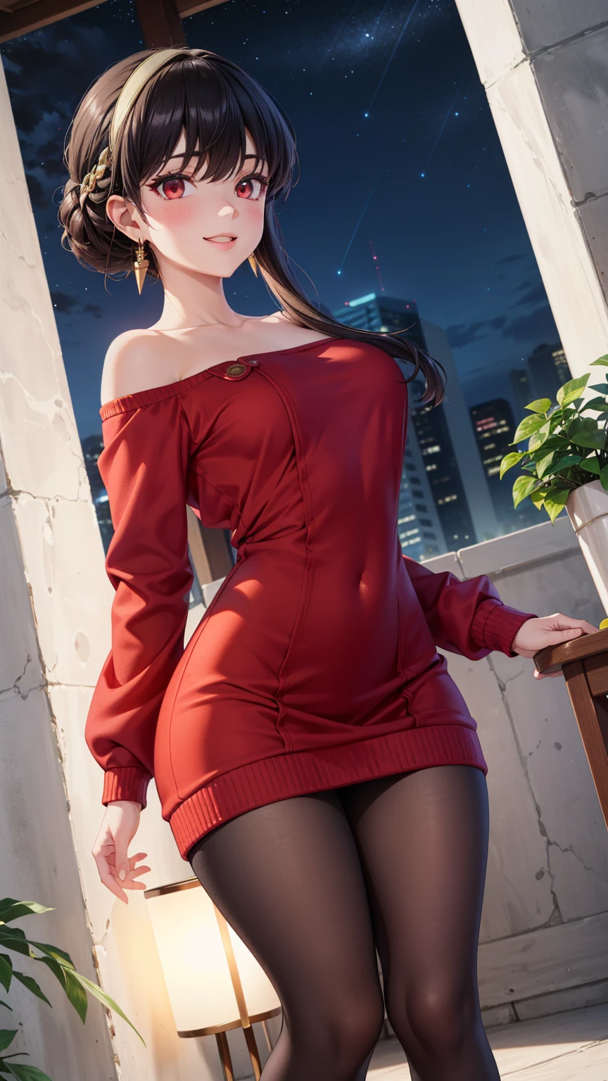 Masterpiece, ultra detail, high quality, 8k cg, blush, bright eyes, standing, outdoors, smile, (night:1.5), slim body, narrow waist,medium breast,yor briar, long hair, black hair, red eyes, off shoulder, red sweater dress, pantyhose, earrings (escotada) (heels) (desnuda) ( exposed skin) ( shiny ceramic skin ,  pushed out of the background ,  front view , brightly illuminated , ultra realista)) obra maestra, La mejor calidad, (enfocate en su trasero) (trasero levantado) (inclinada)  ((De pie, inclinado hacia adelante, manteniendo las piernas rectas.)) Desde hace tiempo(TRASERO LEVANTADO), goteando