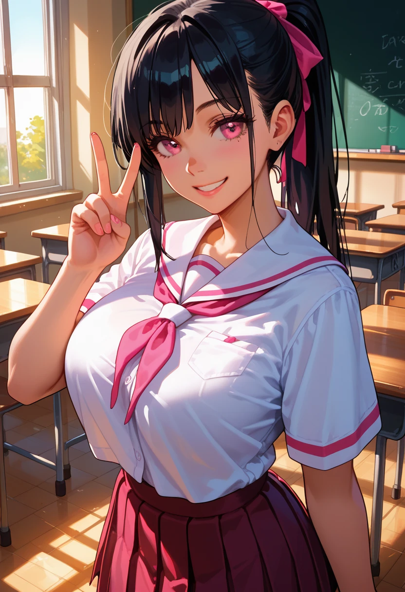 score_9, score_8_up, score_7_up, score_6_up, score_5_up, score_4_up, warm lighting, detailed eyes, high school uniform, ponytail black hair, pink eyes, smile, huge breasts, angelic, innocent, classroom, peace sign, from above