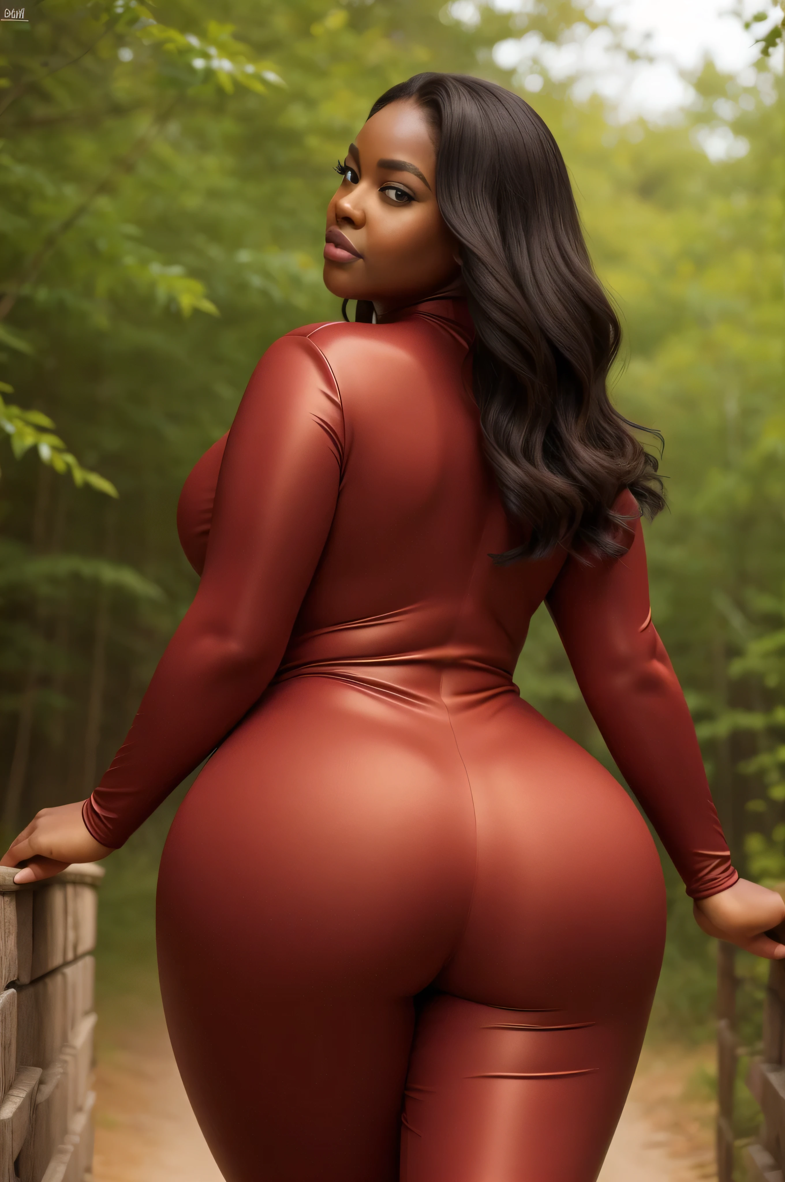 curvy plus size bbw black woman, full body photo, (((she has her back to the camera))), extremely curvy body, (((wearing a red spandex catsuit))), showing the ass, beautiful detailed eyes, beautiful detailed lips, extremely detailed eyes and face, long eyelashes, realistic, photorealistic, photo-realistic:1.37, 8k, ultra-detailed, masterpiece:1.2, vibrant colors, warm lighting, natural environment, lush, detailed background, realistic skin texture