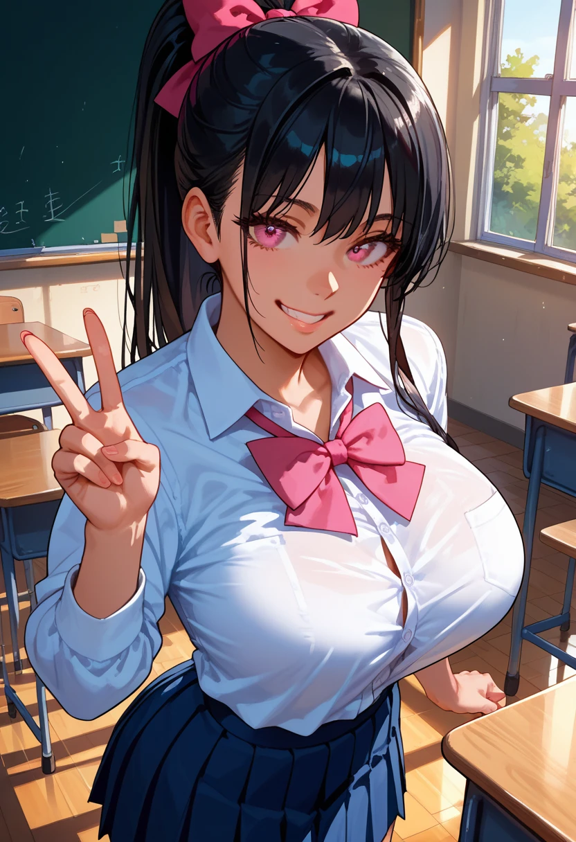 score_9, score_8_up, score_7_up, score_6_up, score_5_up, score_4_up, warm lighting, detailed eyes, high school uniform, ponytail black hair, pink eyes, smile, huge breasts, angelic, innocent, classroom, peace sign, from above