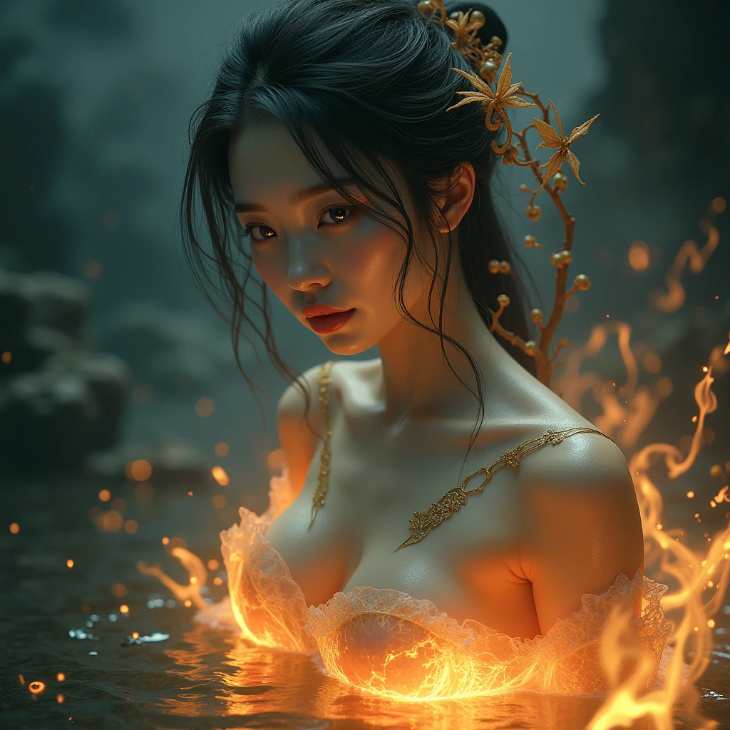 (snowstorm, dissolve:1.3,nude), greg rutkowski style, many details, symmetric, dark fantasy, dark botanical, intricate, , imaginative, highly detailed