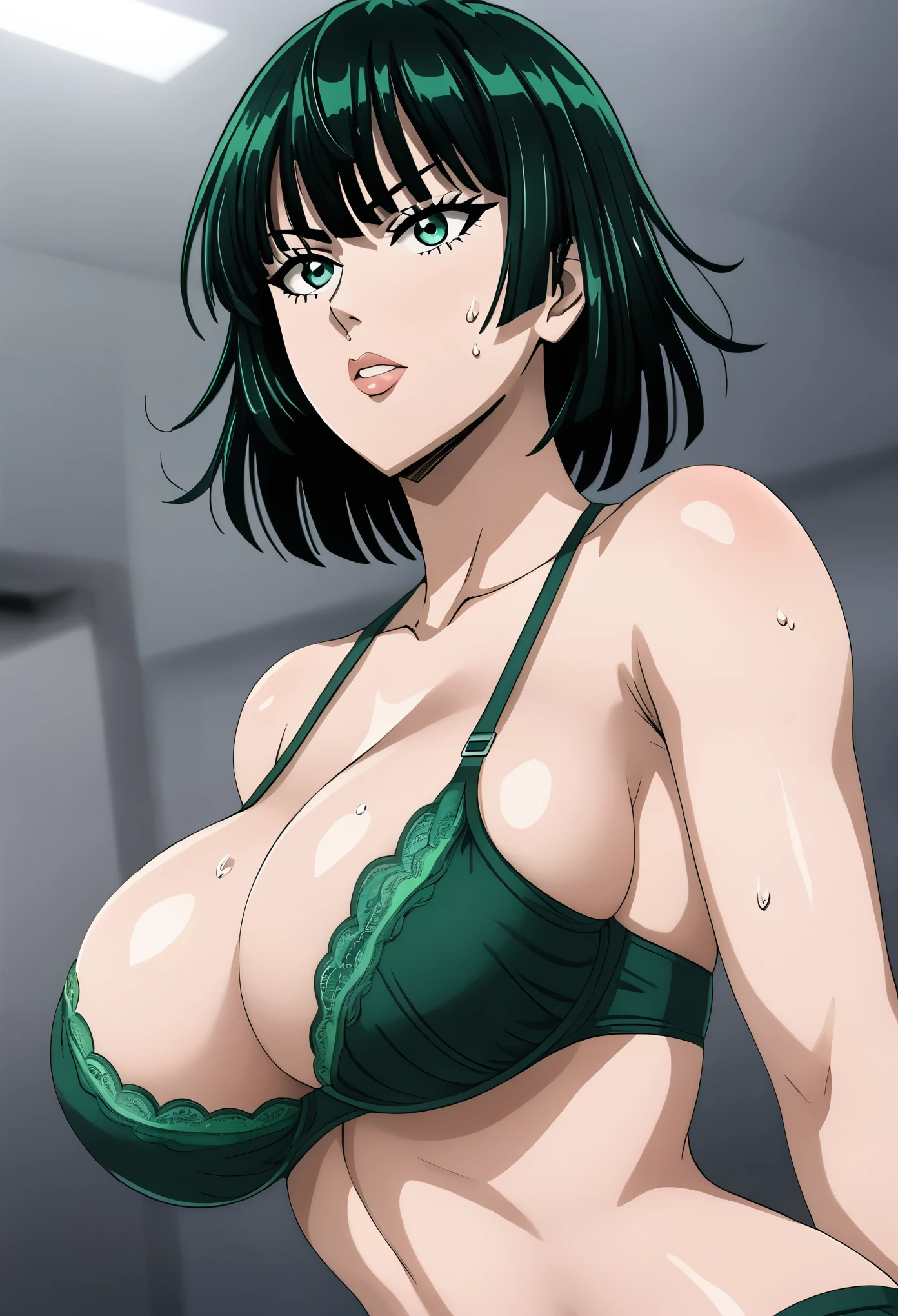 Draw fubuki from one punch man in bra big breast , greenish black short hairs ,and show her wet waist