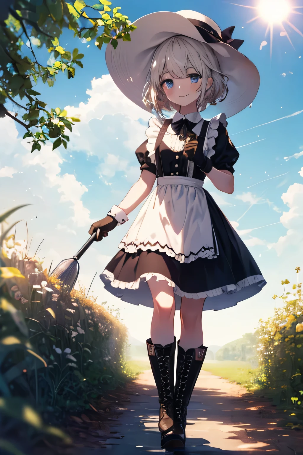  maid without a headdress girl smiling,  walking and picking up the weeds, fondo field, Out-of-town background(field), complete anatomy, graphic effects, first person, straw cap , leather boots, ( spots of wet soil ), gentle breeze, sun