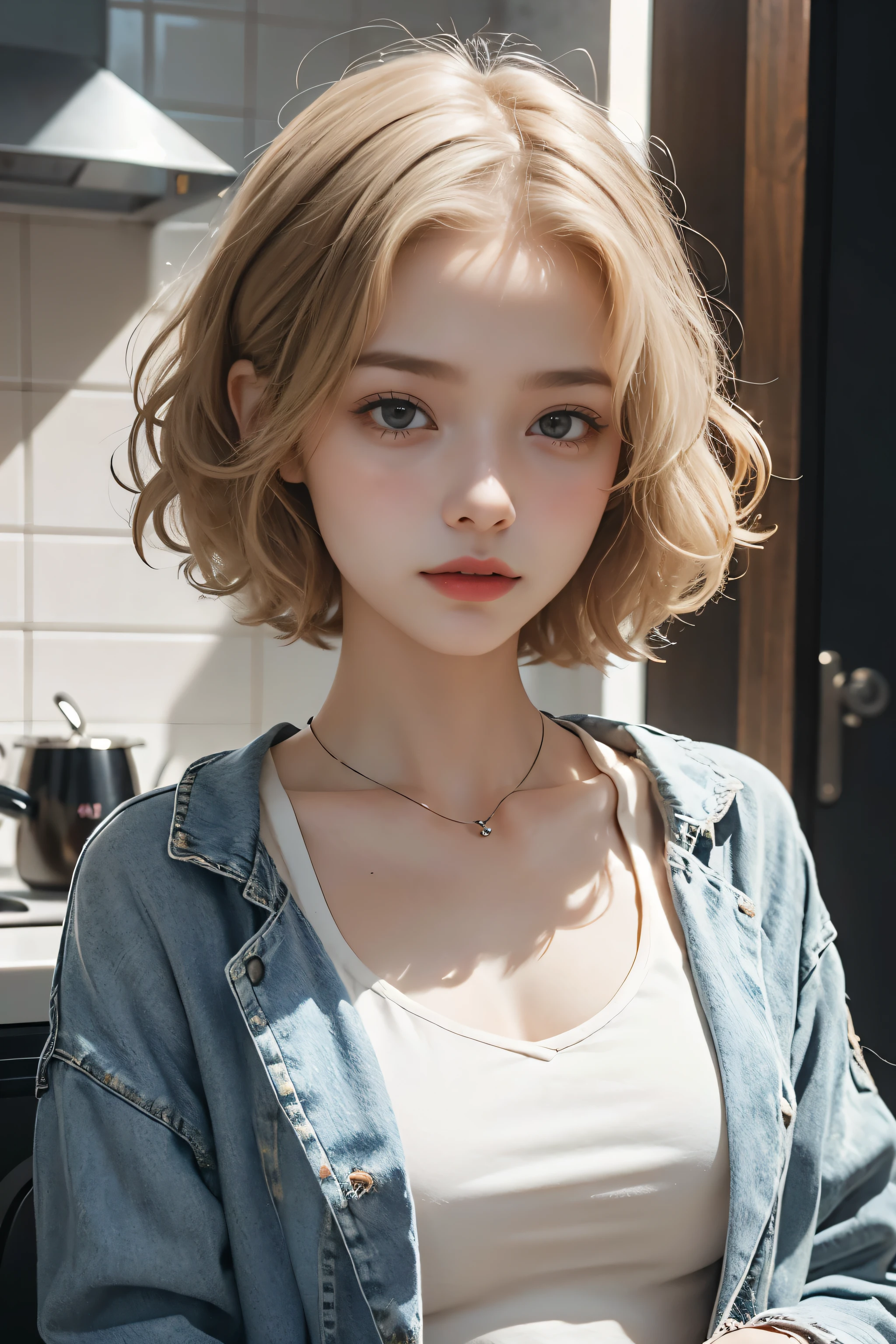 Short Hairstyles,cute, Height: approx. 140cm,jeans, Flat chest like, Slender body, eyeball, surrealism, Blurred,  Movie Lighting, Bokeh,  Very Detailed,  anatomically correct, Accurate, Awards, 16k 、Short torso、 anatomically correct体のバランス 、Latest fashion 、High school girl , curly hair,autumn,,garden　、 short hair,kitchen,Accurate指の数、Long coat,Blonde