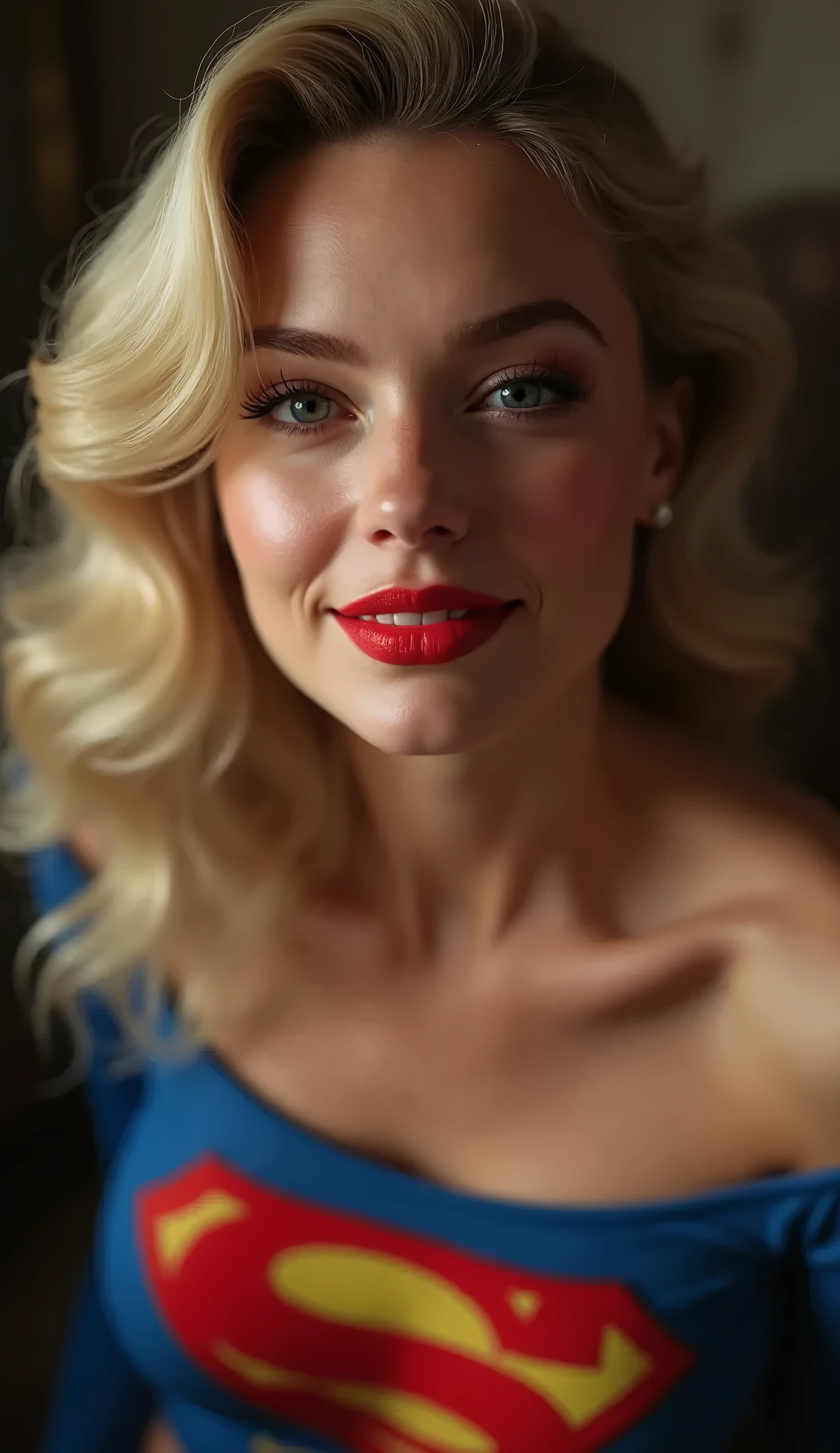 masterpiece, beatifull, high quality, a close portrait of Marilyn Monroe, hands touching her hair, big breasts, red dress, blonde, sexy smile, makeup, studio quality