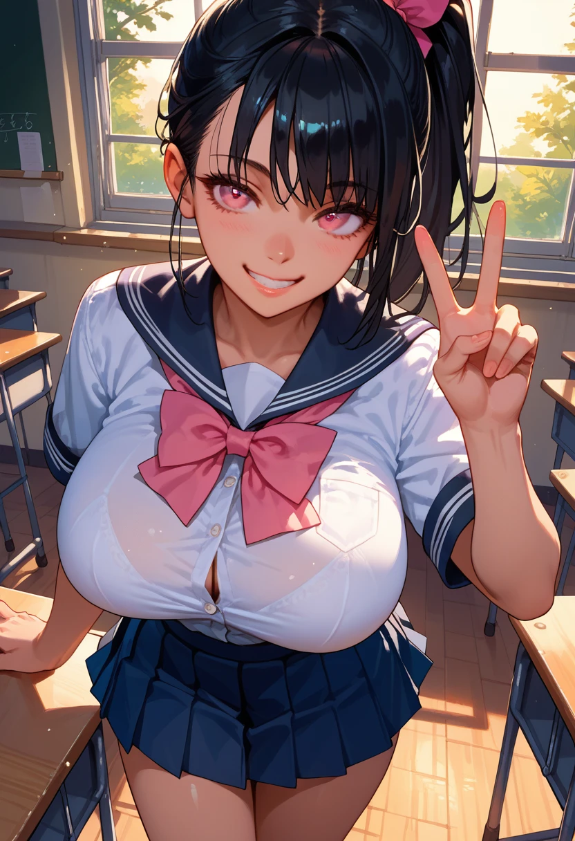 score_9, score_8_up, score_7_up, score_6_up, score_5_up, score_4_up, warm lighting, detailed eyes, high school uniform, ponytail black hair, pink eyes, smile, huge breasts, angelic, innocent, classroom, peace sign, from above