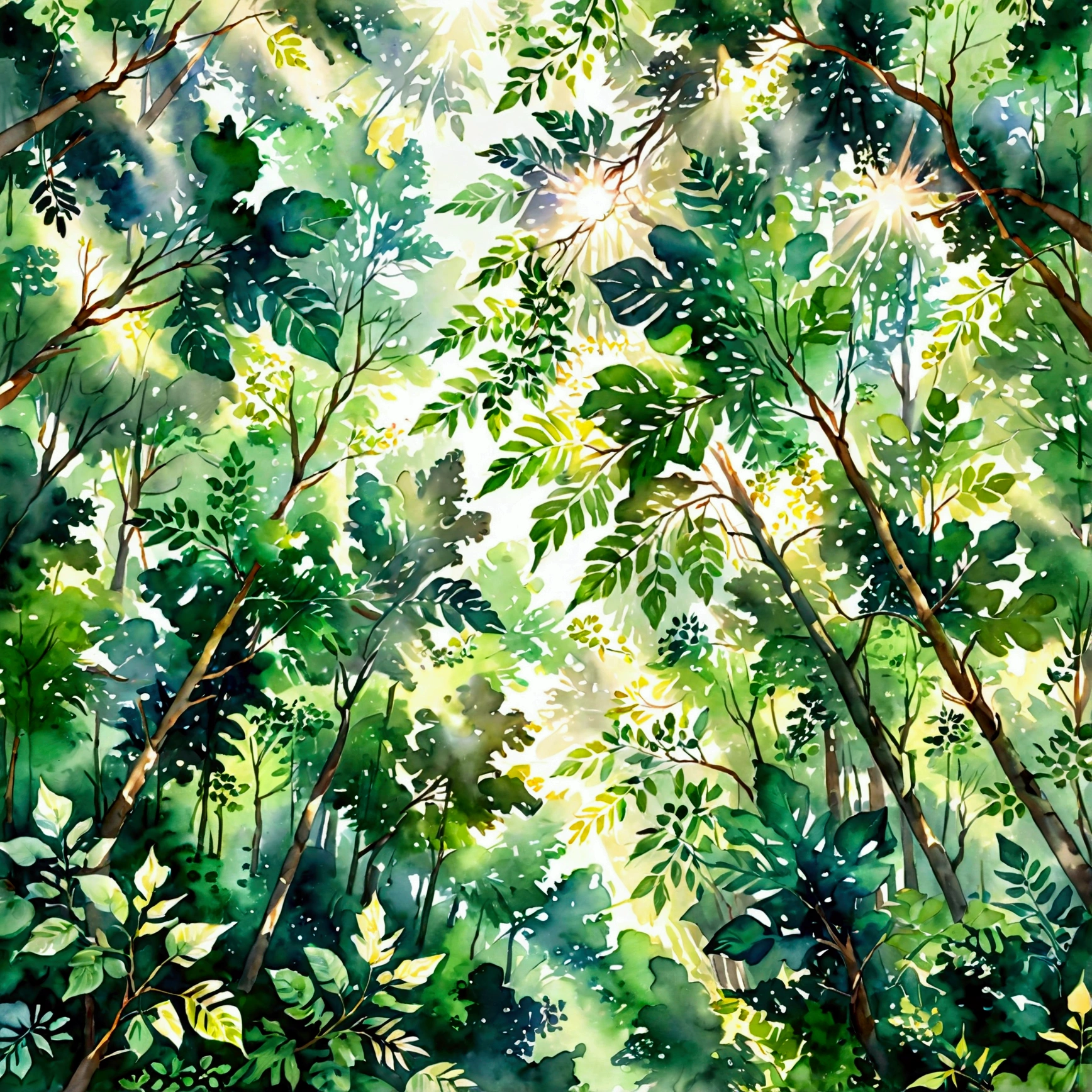 A watercolor-style illustration capturing a serene forest with gentle light filtering through the trees. The view is from the forest floor looking up towards the sky, with tall trees and lush green leaves that create a cool, refreshing atmosphere. The sunlight streams softly through the branches, casting dappled light and shadow patterns across the foliage. The watercolor brushstrokes add a delicate, ethereal quality, enhancing the peaceful and refreshing feeling of the scene. The overall mood is calming and harmonious, with a focus on the natural beauty of the quiet forest, (watercolor style, serene forest, gentle light, looking up, tall trees, green leaves, refreshing atmosphere, soft sunlight, dappled light, shadows, delicate brushstrokes, ethereal, peaceful, calming, natural beauty, Light in the Forest)