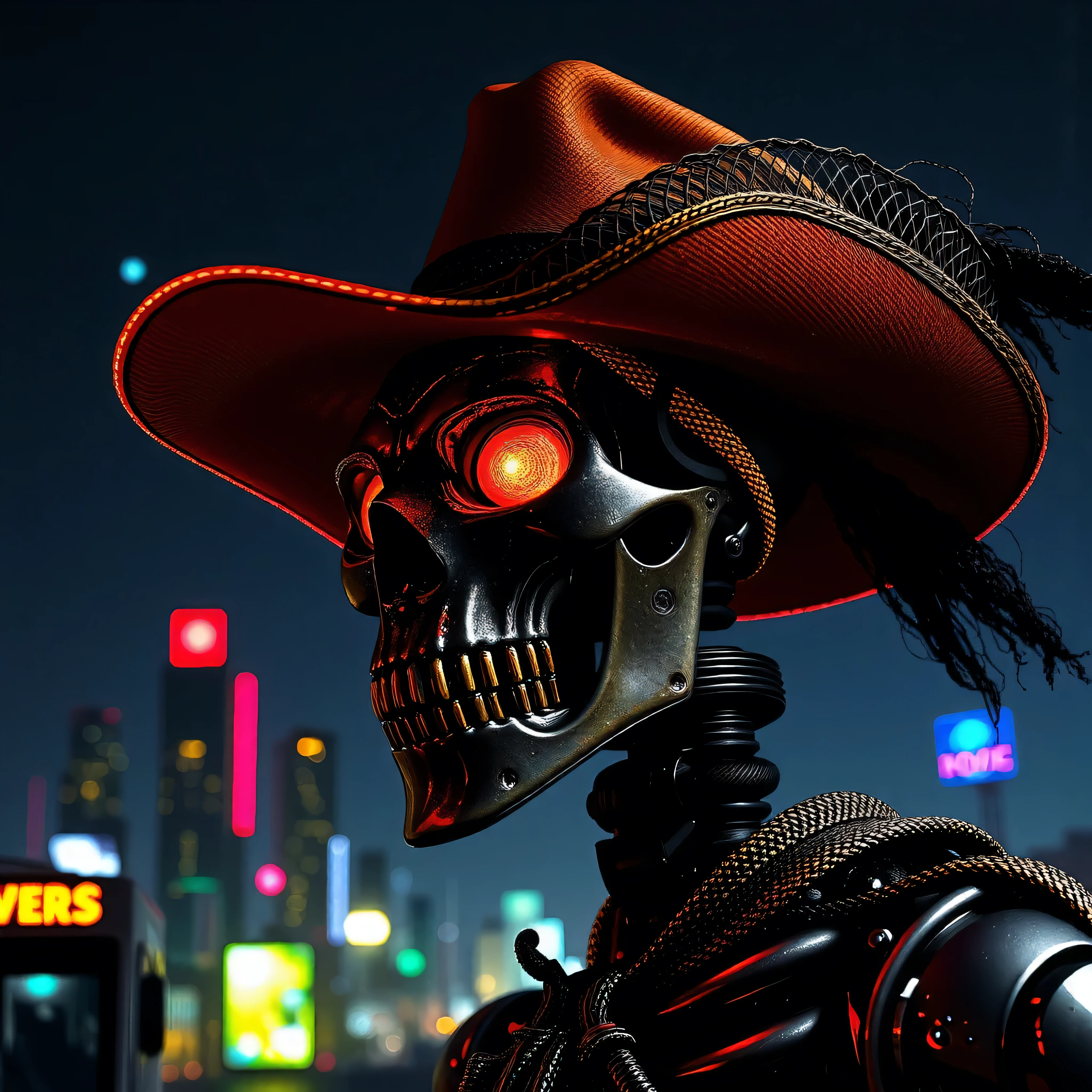 cyberpunk personage,Skeleton Robot Cowboy Sheriff,Mysterious dark background,neonlight,cybernetically enhanced,Weapons of the future,wearing a cowboy hat+neonlightedge,Bionic arm,metal chin,red luminous eyes,dystopian city,Focus sharp,Steely texture,vivd colour,concept art style.(Best quality at best,4K,8k,A high resolution,tmasterpiece:1.2),ultra - detailed,(Actual,photoActual,photo-Actual:1.37),A close up photograph of the head is a skull, in a forest made from flowers on fire at night with fog and stars. Realistic The thing 1982 creature monochrome film look. Cinecolor color archival footage. Kodak Portra 400 film!!. F 2.8 lens flare. Very detailed. Hq. photorealism. GTA VFX art